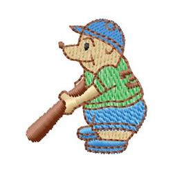 Cartoon bear baseball player in a green shirt and blue shorts, playfully holding a bat, vibrant design.