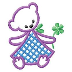 Playful bear in blue checked dress with purple outline, joyfully holding a green clover.