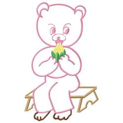 Playful bear with light pink outline sitting on a bench, playfully holding corn, ideal for children's items.