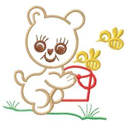 Playful cartoon bear holding a bright red envelope, with cheerful yellow bees nearby, perfect for kids' items.