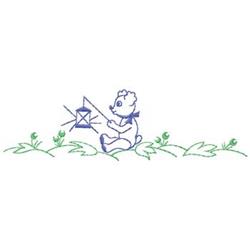 Whimsical bear sitting on green grass, holding an envelope, featuring soft blue and white tones.