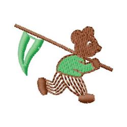 Cute bear in a green shirt and brown striped pants, joyfully running while holding a green flag.