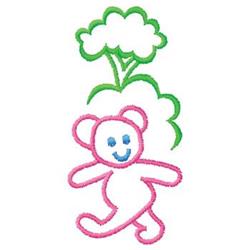 Playful cartoon bear with pink outline and cheerful blue eyes beneath a whimsical green cloud, ideal for kids.