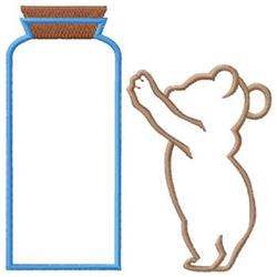 Cute bear outlined in light brown reaches for a blue-bordered jar in a simple, playful design.