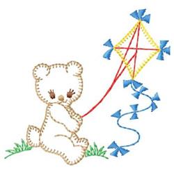 Playful bear holding a red string for a colorful kite, featuring blue bows and vibrant patterns, on grassy ground.