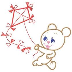 Playful bear joyfully holding a red kite with bows, perfect for spring-themed crafts.