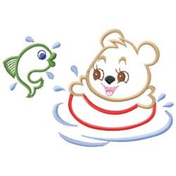 Playful bear in a red swimming ring, splashing water with a green fish jumping joyfully nearby.