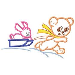 Whimsical bear with a yellow scarf pulling a sled, featuring a pink rabbit. Bright winter scene.