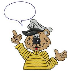 Cartoon bear in a striped shirt and sailor hat, gesturing with a speech bubble above its head.