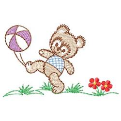 Bear in a blue checkered outfit plays with a beach ball in a grassy area, adorned with colorful spring flowers.