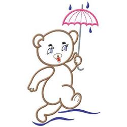 Playful bear holding a pink umbrella, joyful raindrops above, and subtle blue waves, perfect for spring.