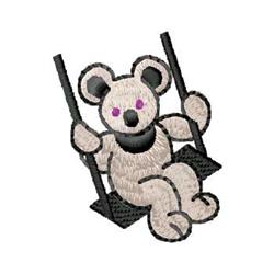 Playful bear sitting on a swing with a light beige body, black accents, and round ears, in a cartoonish style.