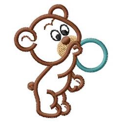 Playful bear holding a teal teething ring, with light tan muzzle and expressive eyes, perfect for baby items.