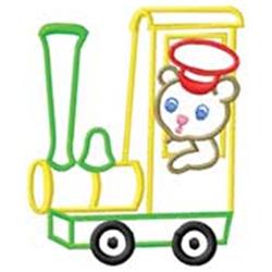 Cartoon bear in a conductor's hat sits in a colorful train with bright outlines, perfect for children's items.