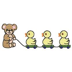 Playful bear pulling three vibrant yellow ducks in a wagon, showcasing cheerful colors and childlike charm.