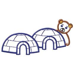 Playful bear peeking from behind two blue-outlined igloos in a cheerful winter scene, perfect for kids.
