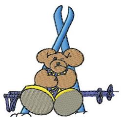 Cartoon bear with round features holding blue scissors on drums, playful and whimsical design.