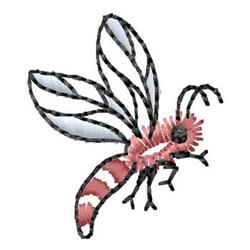 Whimsical bee mid-flight with transparent wings, striped body in pink and black shades. Vibrant embroidery design.