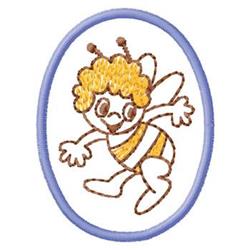 Cheerful cartoon bee with yellow and black stripes, curly hair, and arms outstretched in a light blue oval frame.