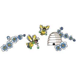Whimsical bee near a white beehive, surrounded by vibrant blue flowers, perfect for spring-themed projects.
