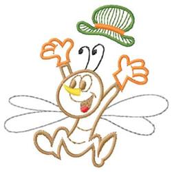Cartoon bee with a yellow body and a green hat, joyfully celebrating spring in playful, cheerful style.