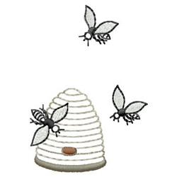 Whimsical beehive with horizontal white stripes and a brown entrance, surrounded by playful bees fluttering nearby.