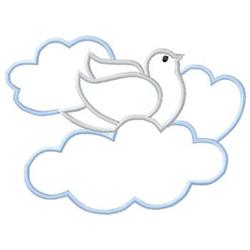 Serene bird with gray outline and blue-touched clouds, creating a whimsical spring scene.