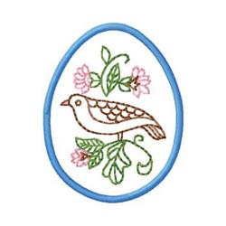 Bird perched on leafy branches with pink flowers, surrounded by a pastel egg shape. Traditional Easter decor.