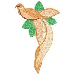 Realistic bird with detailed brown feathers among green leaves, featuring flowing lines, for decorative use.