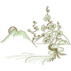 Blossoming tree with delicate flowers in spring, accented by a stylized mountain and a serene river.