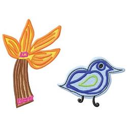Playful blue bird beside a colorful tree with orange leaves and a brown trunk, ideal for machine embroidery.