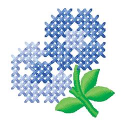 Cross stitch design of blue hydrangea flowers with lush green leaves, featuring vibrant hues and varying shades.