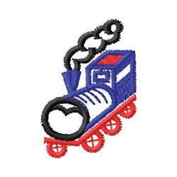 Playful blue train with bright red wheels and a whimsical smokestack, perfect for kids' embroidery.