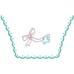Playful bow in pink with a blue dangling element and scalloped teal edge, ideal for machine embroidery.