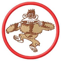 Playful cartoonish brown creature dancing with exaggerated features, outlined in a bold red circular border.