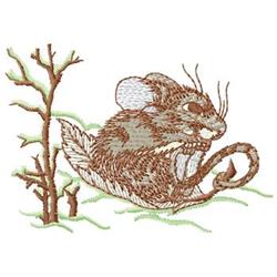 Naturalistic depiction of a brown mouse on a green leaf, surrounded by branches. Detailed fur and earthy tones.