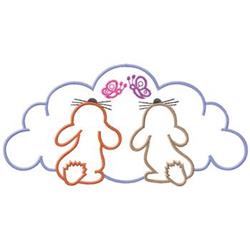 Playful bunnies on a fluffy cloud, with colorful butterflies above, in a whimsical spring scene.
