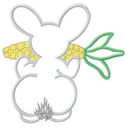 Cute bunny with large ears holds bright yellow corn surrounded by green leaves, perfect for Easter embroidery.