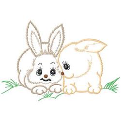 Cute bunny cuddle featuring a white rabbit with gray details and a soft cream bunny on gentle green grass, perfect for Easter