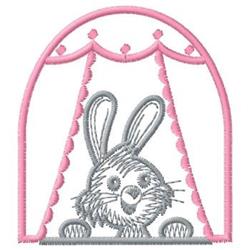 Whimsical bunny peeking from a pink curtain under an arch, perfect for Easter decor on fabric.