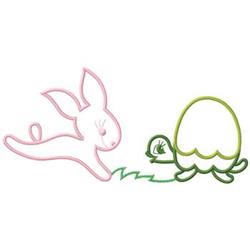 Playful bunny leaping towards a green turtle, with a whimsical egg nearby in soft pastels, perfect for Easter.