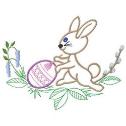 Playful rabbit holding a decorated Easter egg, surrounded by flowers and green leaves for a festive spring vibe.