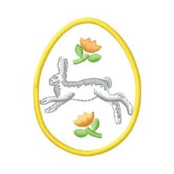 Easter bunny leaping playfully across a white egg, surrounded by cheerful yellow and green flowers.