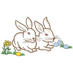 Whimsical bunnies surrounded by colorful Easter eggs and flowers create a festive spring ambiance.