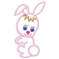 Cute bunny with a white body outlined in pink, large blue eyes, and a tuft of brown hair perfect for Easter.