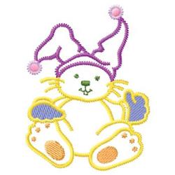 Cute bunny with colorful accents, wearing a purple jester hat with pom-poms, perfect for Easter festivities.