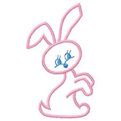 Cartoon bunny with pink outline and large blue eyes, playfully posed for Easter-themed children's projects.