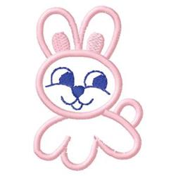 Cartoonish bunny with a pink outline, white body, and blue eyes, perfect for Easter decor.
