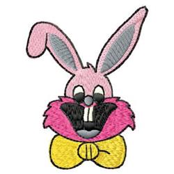 Cheerful bunny with pink fur, large black and white face, oversized ears, and a yellow bow tie, perfect for Easter.