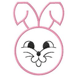 Cute bunny face in cartoon style with pink ears, black eyes, and a cheerful smile for Easter decor.